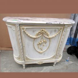 MaxSold Auction: French Provincial style furniture with distressed painted finish, such as chairs, lamps,  demi lune table, bench, desk, armoire, upholstered chair, as well as bust, lamps, and prints, glass top table and more.