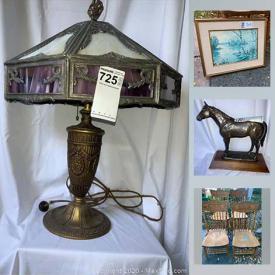 MaxSold Auction: This online auction features vintage tables, unique lamps, area rugs, lead toys, cranberry glass, crocks, sterling silver ring, apple barrel, pressed back chairs and much more!