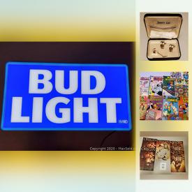 MaxSold Auction: This online auction features jewelry, collectibles, men's cufflinks, Ferrari lighted picture,  Bud light bar sign, swimsuit calendar, guitar shape CD stand, DVDs, Xbox controller, collectible coins, shirts, records, video games, comics, native figure, books, toy cars, Digimon cards, Pokemon cards and much more.