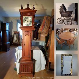 MaxSold Auction: This online auction features grandfather clocks, furniture such as oak chairs, marble top table, end table, and four-poster bed, framed prints, lamps, planters, shelving, wood stoves, Sears refrigerator and much more!