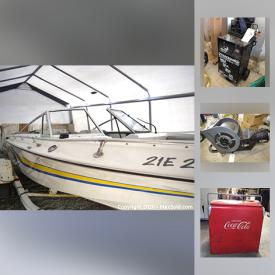 MaxSold Auction: This online auction features Boat and trailer, furniture, collectibles, vintage items such as coca-cola cooler, tapestry, fire extinguisher and more. Table saw, hand and electrical tools,  decorative sword and plates, ceramic bells, glassware, microwave, Danby dehumidifier, Toby mug, books, regulators, hoses and much more.