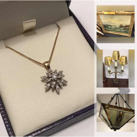 MaxSold Auction: This online auction features diamond jewelry, costume jewelry coins, brooches, figures, wall clocks, tiffany style lamp, oak cabinet, shelf clocks, lamp, wooden carving, watches, trinket boxes and much more!