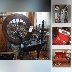 MaxSold Auction: This online auction features suede clothing, vintage furniture, antique furniture, collectibles, washboards, table and chairs, figurines, guitar, settee, chair, china, display case, dehumidifiers, desk, settee, brass, flatware, clock, crock, prints, spinning wheel and much more!