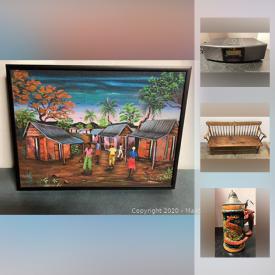 MaxSold Auction: This online auction features flatscreen TV, red Chinese pottery, NIB security light, folding travel bike, signed baseball memorabilia, primitive furniture, Neon open sign, video game systems, original erector set, German beer stein and much more!