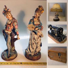 MaxSold Auction: This online auction features bisque figurines, electronics, file drawers, canister set, camera bags, prints, office items, Birks clock, antique lamp, chafing dish, vases, small kitchen appliances, antique pulleys, stone path mold, tiles, lamps, steel shelving, outdoor items and much more!