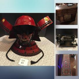 MaxSold Auction: This online auction features a commercial Wonderbar soda system, drafting table, antique wood tube record player, dining room table, charms, sterling rings, coins, costume jewelry, wooden masks, sewing machines, Samurai mask, vintage toys, rugs, electronics, divider, ceiling lights, books and much more!