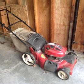 MaxSold Auction: This online auction feature Craftsman Lawn mower, Frigidaire fridge, mirrors, oak table and chairs, double bed and matress, Grenier dresser with mirror, GE Range, collectibles, upholstered rocking chair, bar items and much more!