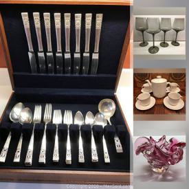 MaxSold Auction: This online auction features MCM Royal Doulton dishes, sterling silver jewelry, First nations lidded box, art pottery, MCM Teak desk, wool scarves, MCM Athena ironware dishes, vintage stemware, vintage beaded wedding dress, art glass and much more!