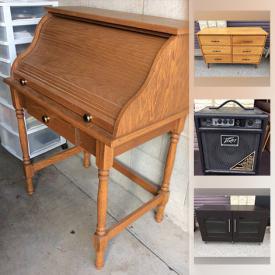 MaxSold Auction: This online auction features a roll-top desk, wicker drawer storage unit, 3D wooden puzzle, metal chandelier, security light, office desk, upholstered furniture and much more!