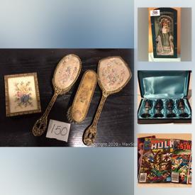 MaxSold Auction: This online auction features board games, dollhouse miniatures, comics, art deco clock, toys, RC toys, NIB coin banks, Franco Gianni watches, vintage decanter, carnival glass, art pottery, industrial fan, vintage vanity sets and much more!