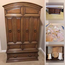 MaxSold Auction: This online auction features furniture such as a dining table, chairs, nightstands, armoire, washstand, curio cabinet, desk, chairs, table and more, seasonal decor, games, prints, china, trophies, memorabilia, platters, iron wall art, decor, silverplate and much more!