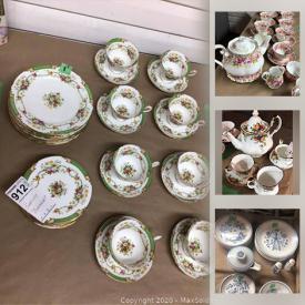 MaxSold Auction: This online auction features Royal Doulton figurines, China serving dishes, teapots, teacups, Noritake china, Royal Albert china, carnival glass, depression glass, Rumtopf crock, Limoges china, toys, children's books & toys, Tom Thomson prints and much more!