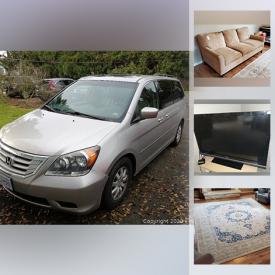 MaxSold Auction: This online auction features a 2009 Honda Odyssey, dresser and bunk beds, Wood drop leaf table, Wood bar cabinet and wine rack, Fountain Pens, Broyhill 3 seater camel coloured sofa, Mahogany coloured bookshelf, Aquarium with supplies, Webber grill BBQ, Child Bike Trailer, Kids Trike, Boston Herringbone design area rug, Queen bed frame and headboard and much more.