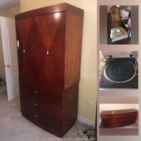 MaxSold Auction: This online auction features furniture such as a sofa, dresser, wire storage, office cabinet, futon, chairs, storage, desk, table among others, electronics, games, decor, office supplies, kitchenware, linens, cameras, glassware, baskets, CDs, Lps, lawnmower, shop vac, plants and much more!