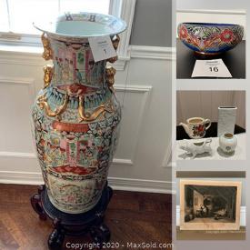 MaxSold Auction: This online auction features rugs, lamps, vases, Chinese cups, antique books, bone china, Limoges plates, bowls, ewer, paintings, dish set, African drum, Royal Doulton, prints, etching, silverplate, mixing spoons, plates, Wade figurines, pottery and much more!
