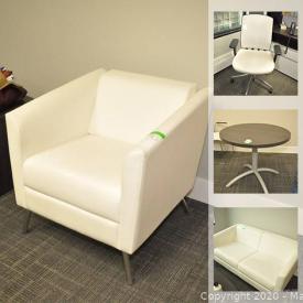 MaxSold Auction: This online auction features office furniture such as Global armchairs, side tables, reception desk, shelving units, storage cabinet, stacking armchairs, office chairs, desks, kitchen supplies and much more!