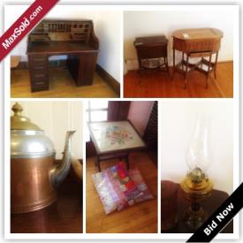 MaxSold Auction: This online auction features Oak Roll Top Desk, Oil Lamps, Table and Cushions, Teapots, Wicker Tables, Wedgwood and Pinwheel, Royal Commemorative Plates, Garden, Dishes and Glasses, Sideboard and much more!