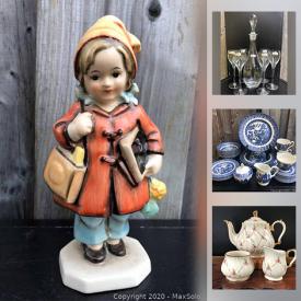 MaxSold Auction: This online auction features Enoch Wedgwood, Blue Willow, Blue onion teapot, Carltonware, Royal Doulton dishes, vintage carving sets, Wedgwood, fish plates, Novelty teapots, Cashmere scarves, vintage decanters, demitasse espresso cups, pewter tankard, art pottery, Hummels and much more!