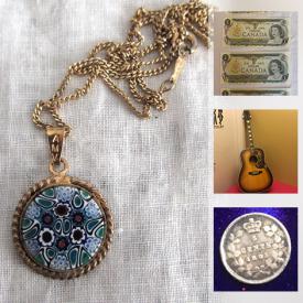 MaxSold Auction: This online auction features vintage gold and silver jewelry, costume jewelry, watches, brooches, rings, pendants, bracelets. Coins, paper money, antique collector cards, die-cast toys and much much more.
