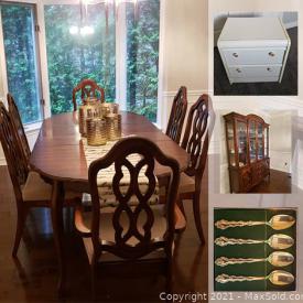 MaxSold Auction: This online auction features fine bone china, NIB defibrillator training unit, wedding dress, furniture such as dining room table with chairs, lighted china cabinet, queen-size bed, and dressers, table lamps, planters, home health aids, framed wall art and much more!