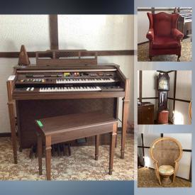 MaxSold Auction: This online auction features an organ, chair, wicker peacock chair, sideboard, console table, prints, mirror, china cabinet, fan, doll in a presentation case, Asian motif vases, Wedgwood, books, clock and much more!