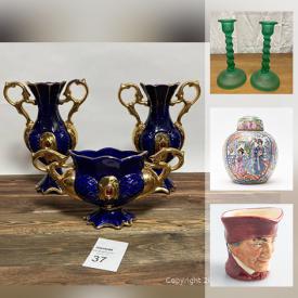 MaxSold Auction: This online auction features vintage green glass, vintage candlesticks, African walking canes, Russian wood art, Tiffany-style stained Glass, Die Cast cars, vintage ornaments, antique floor lamp, Rattan baskets, Toby jug and much more!