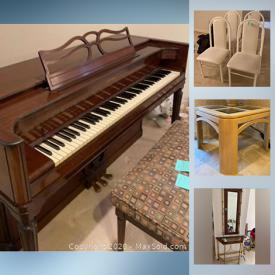 MaxSold Auction: This online auction features a hall table with mirror, pins and tie clips, cuff links, rings, Baldwin Acrsonic Piano with upholstered piano bench, Books and more including Curious George, Beatrix Potter, Stuart Little, Dr. Seuss, stories from Shakespeare, blue stamps, Gold bonds stamps, green stamps, 4 Swiss Chalet music box savings banks, Nine crystal wine goblets, Oneida majestic ware basket weave pattern 3 dinner plates, 3 soup bowls 3 mugs. 7 drinking glasses, fish-shaped platter, fruit patterned platter, pair point crystal giftware dish and much more.