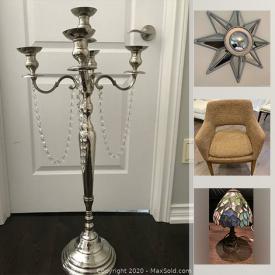 MaxSold Auction: This online auction features a color laser printer, leather bench, vintage brown chairs, light fixtures, mirrors, nesting tables, wool rug, white cabinets, wooden cabinets, gold frame mirror, glass shades, Instax camera, round marble tabletops, decor and much more!