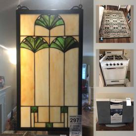 MaxSold Auction: This online auction features Lead glass panels, baby or pet gate, buffet-style table, corner lighted curio cabinet, weber charcoal grill, microwave, wall art, lamps, books, bookcases, washer, dryer, gas stove, small electronics, leather couch, ladders and much more.