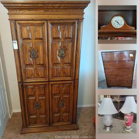 MaxSold Auction: This online auction features furniture such as an oak armoire, oak headboard, nightstand, night table, Limoges dinnerware, deep freeze, plants, display table, garden storage, framed art, prints, lamps, books, vintage music and much more!