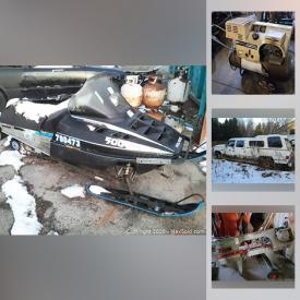 MaxSold Auction: This online auction features Polaris snowmobile, car parts such as AR Chevy race car body parts, Nissan transmission, Nissan engines, steel rims, truck grills, tires, block engines, race car radiator, Ford rear ends and race car chassis, power tools such as metal lathe, Astro bandsaw, Mastercraft bench grinder, radial arm saw, Power First metal shear, sandblasters, DeWalt drills,
vintage fridge, Toshiba microwave, automotive supplies, gas motors, chain hoists, air compressors, hand tools, tool boxes, power washers, paint supplies, safety harnesses, light fixtures, chainsaws, racing helmets, lawn tractor and much more!