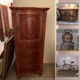 MaxSold Auction: This online auction features lighthouse collection, leather chair, secretary desk, rolling bar, sterling silver, lingerie chest, locking cabinet, bicycle, framed art and much more!