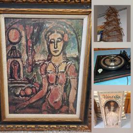 MaxSold Auction: This online auction features Howard Miller clock, original artwork, vintage disco ball, sterling silver jewelry, vintage jewelry, art pottery, crock, vintage tools, lead glass light, hand-carved duck decoys, Pandora snowflake ornaments, Replica rings, collector plates, coins and much more!