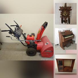 MaxSold Auction: This online auction features an antique pump organ, kitchenware, small kitchen appliances, books, clothing, luggage, Toby mugs, yarn, entertainment cabinet, art, decor, cutlery, Singer sewing machine, camping gear, depression-era glass, animated Santa, storage, seasonal decor, jewelry, antique desk and much more!