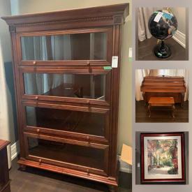 MaxSold Auction: This online auction features a piano and bench, globe, cooking skillets, dishes, small kitchen appliances, barrister bookcase, art, bedframe, end tables, world clock, books, armoire, chevalier mirror, bedding, telescope, chairs, bar stools, electronics, tires and much more!