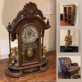 MaxSold Auction: This online auction features antique clock, golf clubs, ceramic vase, Tufted arm chairs, art pottery, carved Buddha, decorative boxes and much more!