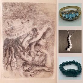 MaxSold Auction: This online auction features vintage gold jewelry, diamond necklace, Renoir etching, original abstract art, Jade bracelet, soapstone sculptures, vintage book, electronics, MCM lighting, glass art, black onyx rings and much more!