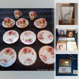 MaxSold Auction: This online auction features Royal Albert China, MCM and Teak items, license plates, collectibles, hardware, tools, records, toys, Limited edition prints & paintings, fishing equipment, coins, outerwear and much more!!