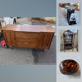 MaxSold Auction: This online auction features an antique etagere, Fiestaware, pitchers, dinner plates, antique laundry basket, wood plane, router, polaroid camera, vintage Play Things playset, books, craft punches, CDs, planter, wall pocket, MCM dishes, Pyrex, train cake pan, travel journals, hanging lamp, sunglasses, baskets, church pew, folding chairs, antique typewriter stand, MCM chairs, VHS tapes and much more!