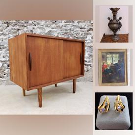 MaxSold Auction: This online auction features MCM Teak furniture, Jade Buddha pendant, gold jewelry, sterling silver, Moorcroft bowl, MCM lighting, original artwork, Bronze statue, wood carving, antique Limoges vase, antique stain glass, metal wall art and much more!