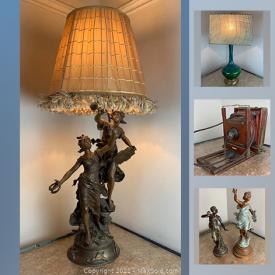 MaxSold Auction: This online auction features Victorian, Edwardian, Art Nouveau and Mid Century table lamps, ceiling lights, statues, plant stand, glass lamp shades, adjustable camera, decorative urns, Misc Cast Iron and Industrial objects and much more!