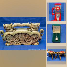 MaxSold Auction: This online auction features collectibles such as vintage gumball machine, art such as carved jade, signed sculptures, and framed prints, Diminuette speakers, camel saddle stools, jewelry such as sterling silver, 14k gold necklace, and beaded jade necklaces, glassware, home decor, signed pottery, watches and much more!