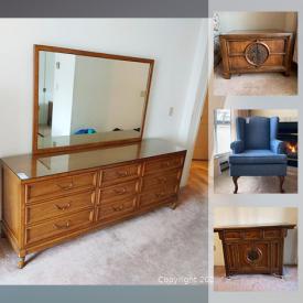 MaxSold Auction: This online auction features crystal glasses and stemware, original art, framed etchings, silverplated ware, wood storage unit, pewter, fabric armchair, service cart, albums, shelving units, chest sets, TV stands, chest of drawers, bedside tables, bed and much more!