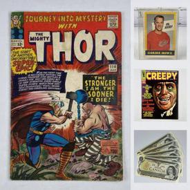 MaxSold Auction: This auction features comics, coins, currency, sports trading cards, and collectible paper. Including vintage Thor and Ironman comics, X-men and Avengers comic lots, numbered Gordie Howe Mr. Hockey trading card and other vintage NHL cards, uncirculated coins and currency, and collectible ephemera featuring Disney, magic tricks, store signage and much more.