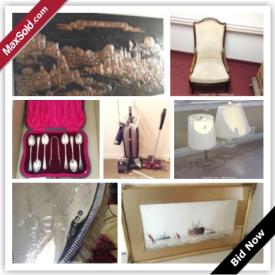 MaxSold Auction: This online auction features upright freezer, victorian parlour chair, table lamp, dining table and chair, mahogany cabinet, sterling dresser set, golf clubs, books and book shelf, signed Geo Prior, Watercolour, office supplies, coats, linen and much more!