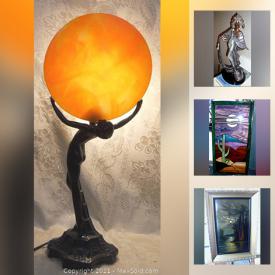 MaxSold Auction: This online auction features Bronze art deco, abstract oil painting, stained glass table lamp, Japanese Nippon tea set, Amber glass decanter, giant train steam locomotive, Fenton glass, Victorian diabolo, fur coat and much more!