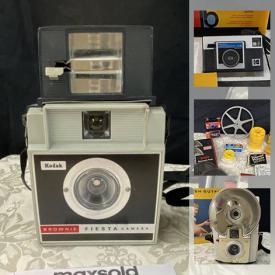 MaxSold Auction: This online auction features film cameras, video cameras, slide sorters, movie light with bulbs, film splicer tools, audio reels, flashbulbs, camera pieces, brownie movie cameras, Instamatic X-15 cameras and much more.