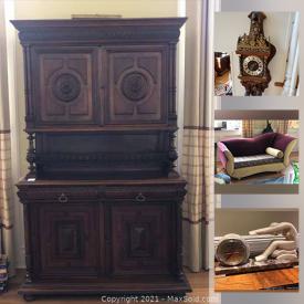 MaxSold Auction: This online auction features furniture such as an ottoman, dresser, bed, salvaged headboard, Moroccan prayer divider, lounge chair, pedestal tray, leather chair, plant stand, dining chairs, foyer sofa table and more, clocks, marble pedestals, mirror, china, holiday decor, statues, high back chair, Yamaha baby grand, tea cart, sarcophagus, sculptures and much more!