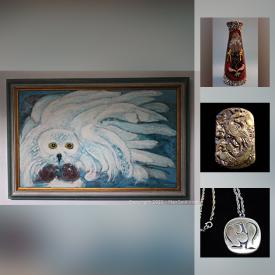 MaxSold Auction: This online auction features vintage green Onyx jewelry, carved stone amulet, art pottery, vintage perfume bottles, vintage first nations pendant, Buddha head snuff bottle, Haida artist bangle and much more!