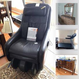 MaxSold Auction: This online auction features furniture such as a table and chairs, island cabinet, side table, dining chairs, massage chair, Demilune table, coffee tables, bed, nightstand and more, books, linens, art, electric fireplace, treadmill, frames, dishware and much more!